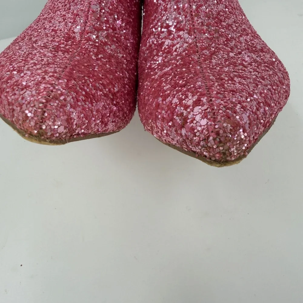 Allegra K Womens Pink Glitter Pointed Toe Kitten Heel Ankle Boots Size 9 Glam